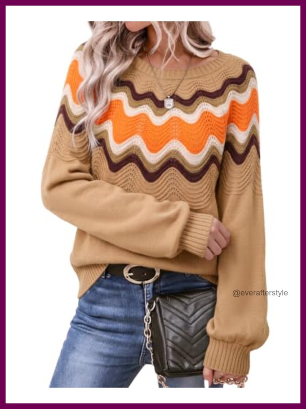 Womens Color Block Sweater Cable Knit Crewneck Lantern Sleeve Pullover
